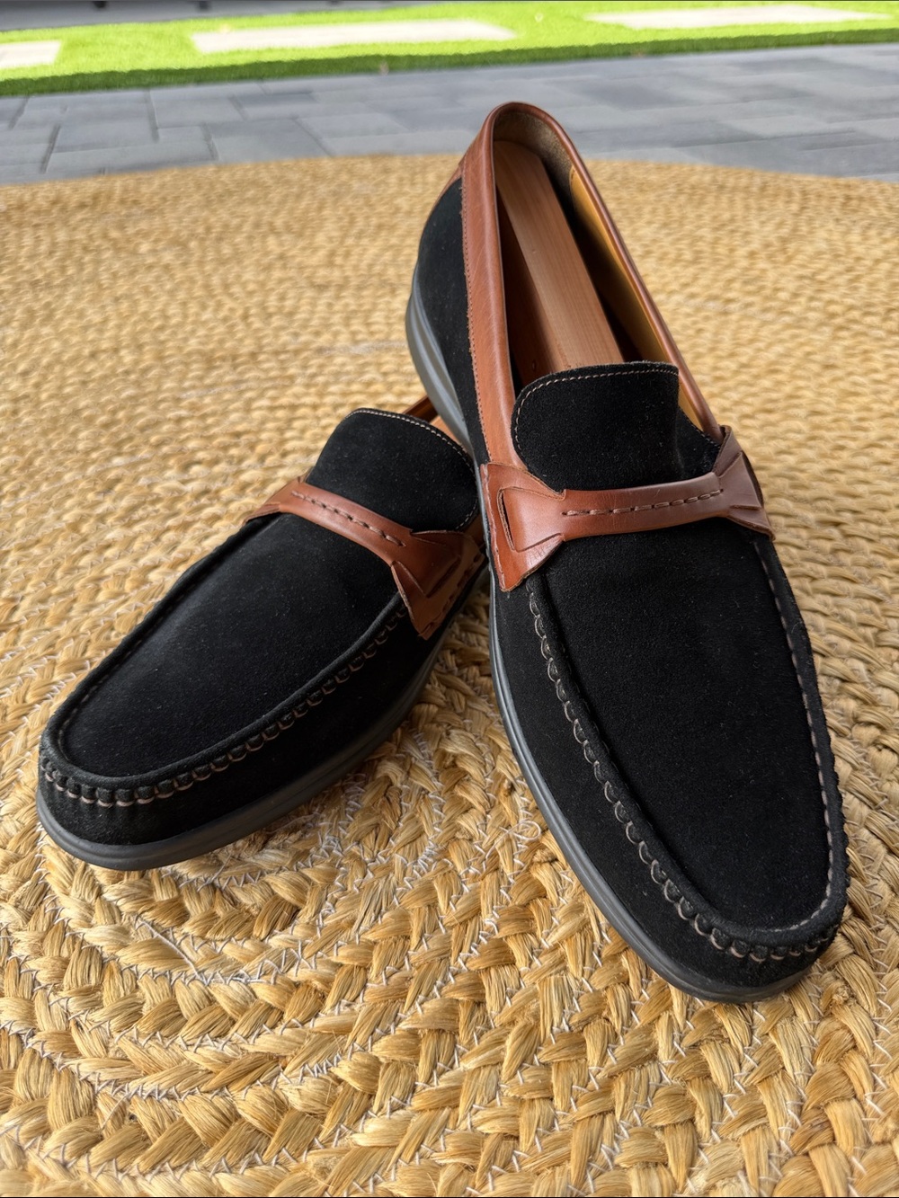 Johnston & Murphy Black Suede Loafers with Brown Leather Trim
